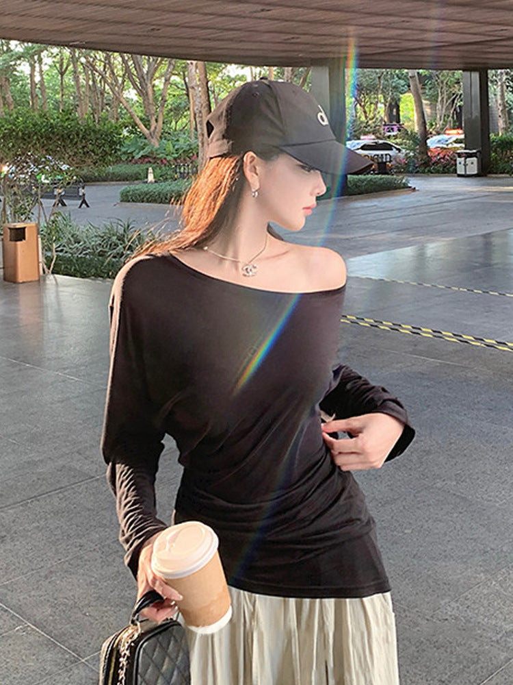 Long-sleeved off-shoulder round neck T-shirt for women, unique design, thin cover-up.