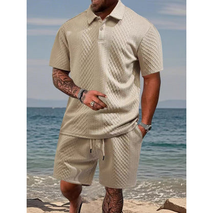 Men Jacquard Textured Polo Two‑Piece Set | Short Sleeve Top & Drawstring Casual Shorts Summer Outfit