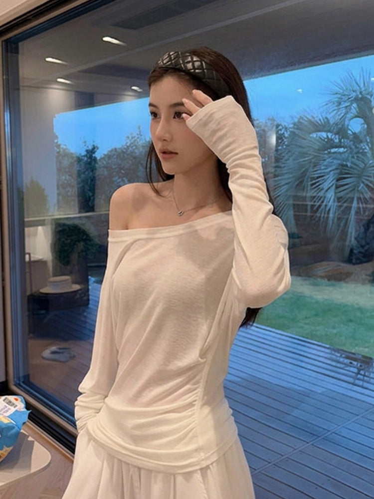 Long-sleeved off-shoulder round neck T-shirt for women, unique design, thin cover-up.
