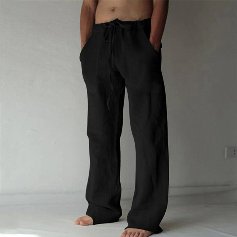 Men Drawstring Linen Wide‑Leg Casual Long Pants